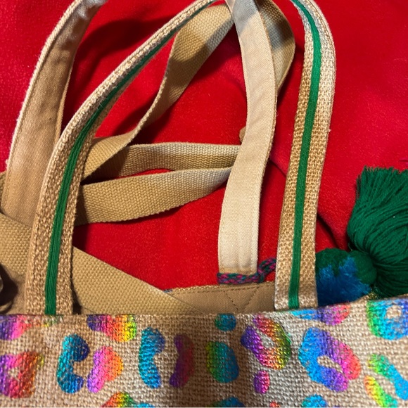 Rainbow metallic leopard handstamped jute tote with adjustable, cross body nwot - Picture 6 of 13